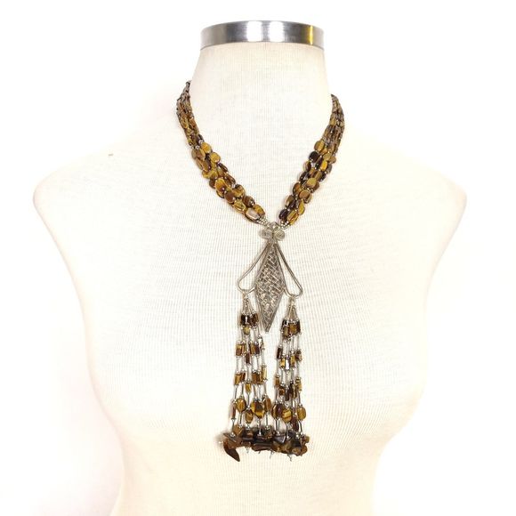 Unique Tigers Eye Boho Brown Silver Necklace